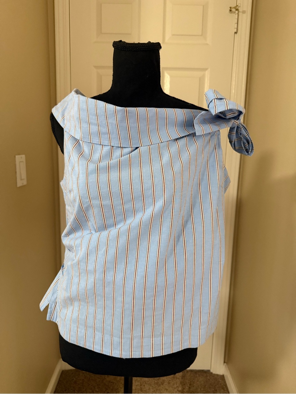 LOFT Light Blue Striped One-Shoulder Tie Blouse
